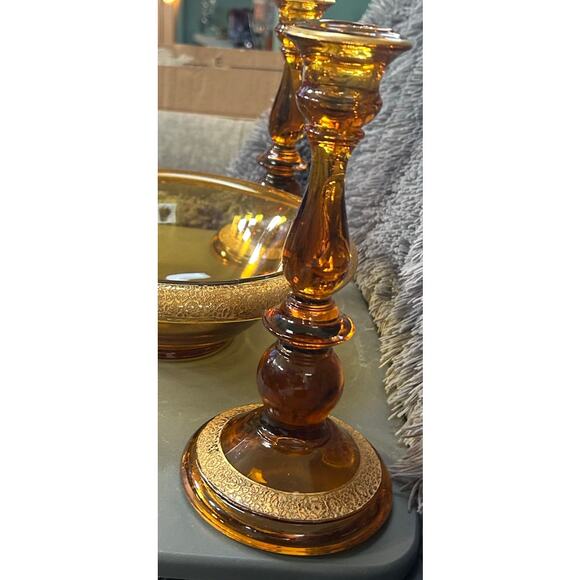 Tiffin Bowl and Candlestick Set Amber Glass Engraved Floral Gold Encrusted MCM - Picture 5 of 8
